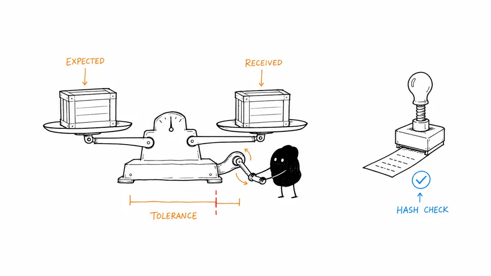 Xiaohei turns a balance scale comparing expected and received data crates while a separate hash-check stamp sits to the right.