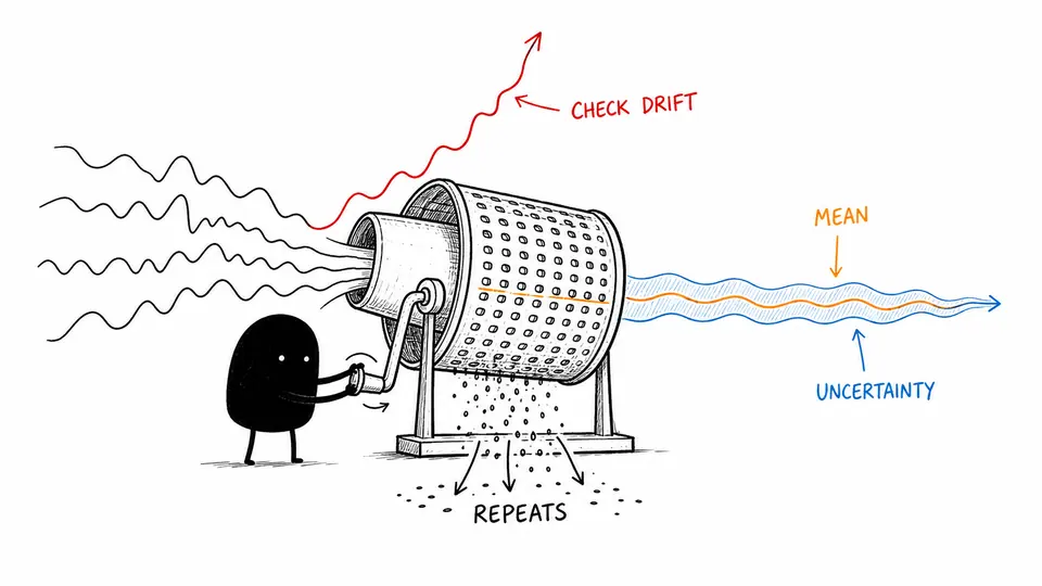 Xiaohei sorting repeated sound waves through a precision sieve into mean and uncertainty results.