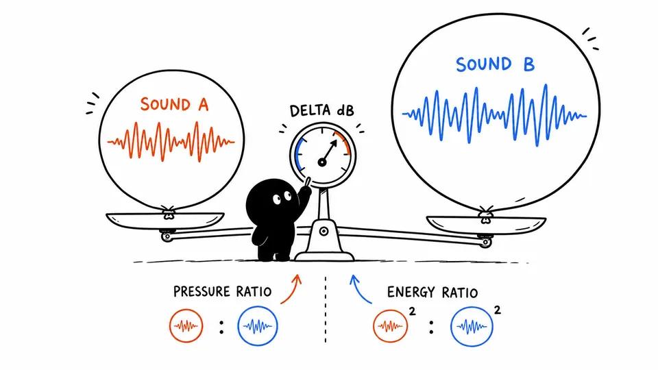Xiaohei balancing two sound balloons while a dial shows the decibel difference and distinct pressure and energy ratios.