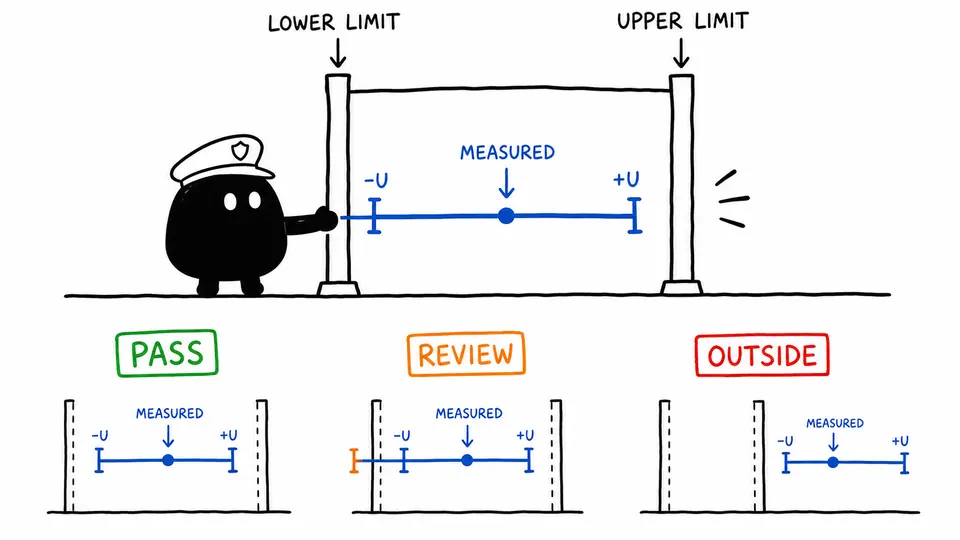Xiaohei guarding a tolerance gate as a measured sound interval passes or crosses its lower and upper limits.