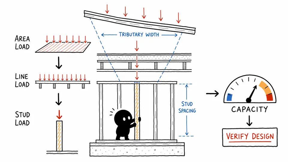 Xiaohei bracing a highlighted stud as area loads become line load, stud load, and a capacity utilization gauge.