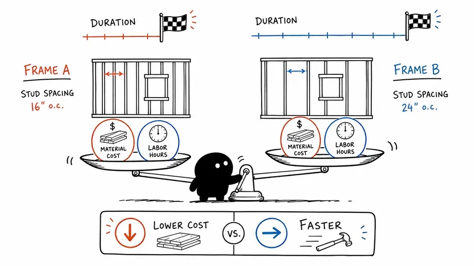 Xiaohei balancing two framing scenarios with different stud spacing, material cost, labor hours, and duration.