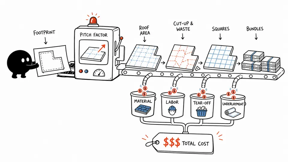 Xiaohei feeding a roof footprint through pitch, waste, roofing-square, bundle, and cost stages.