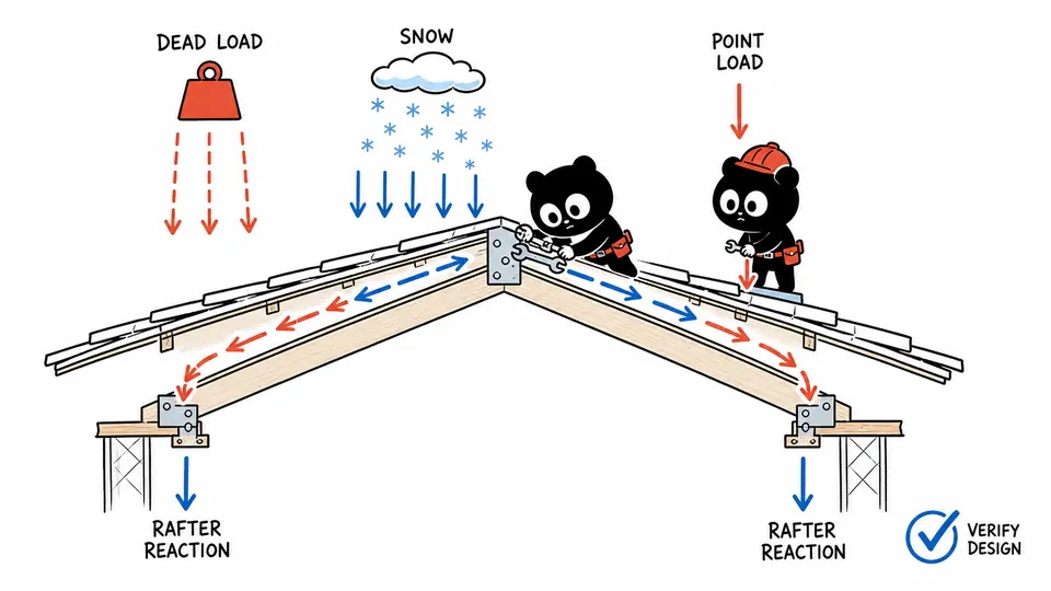 Xiaohei tracing dead, snow, and point loads through a sloped roof to two reactions.