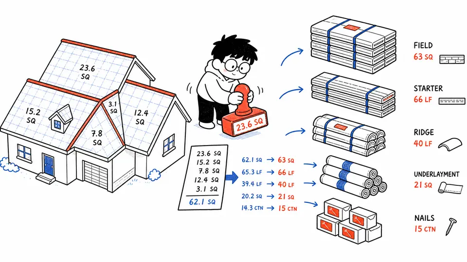 Xiaohei stamping roof planes into separate field, starter, ridge, underlayment, and nail stacks.