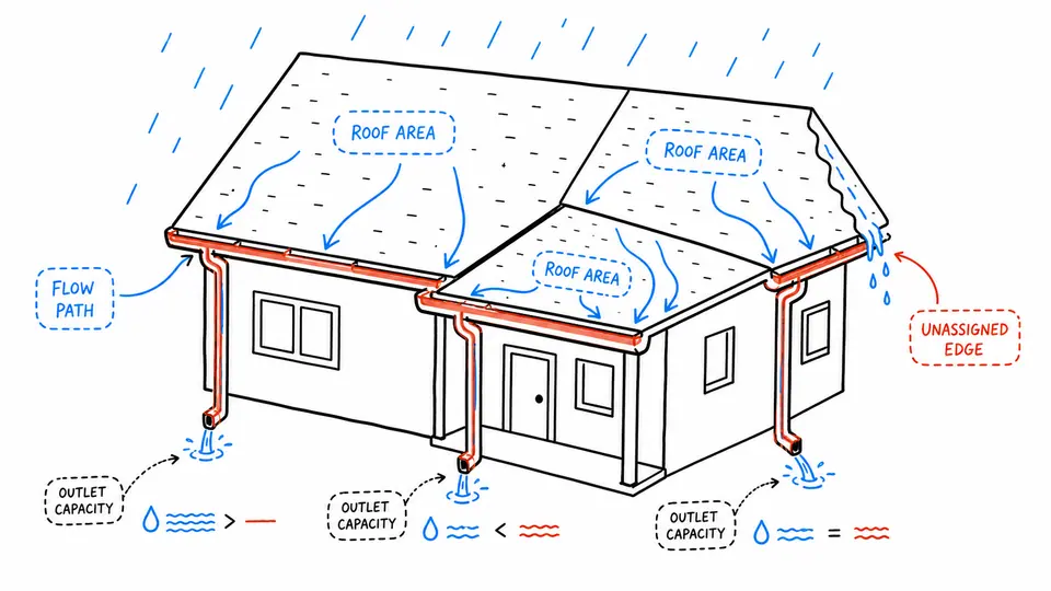 Xiaohei tracing rainfall from roof catchments through gutter runs to downspout outlets and an unassigned edge.