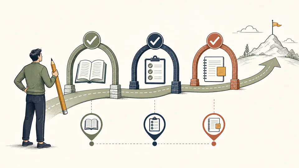 Editorial illustration of three reading checkpoints on a benchmark strip with the weakest marker highlighted for attention.