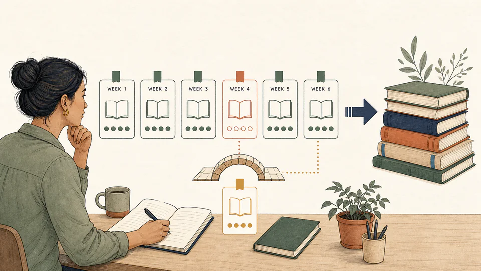 Editorial illustration of a row of weekly reading cards with one missed week being repaired by a later catch-up stack.