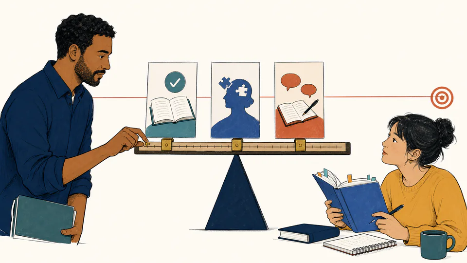 Editorial illustration of a reading rubric with three weighted cards balancing toward a target grade line.