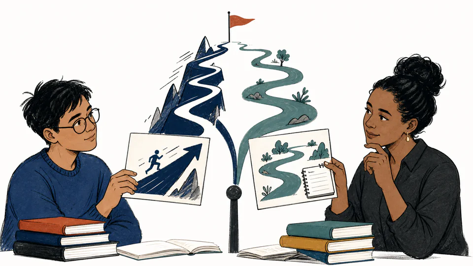 Editorial illustration of two reading routes around a deadline flag, one fast and one deliberate, with retention notes attached.