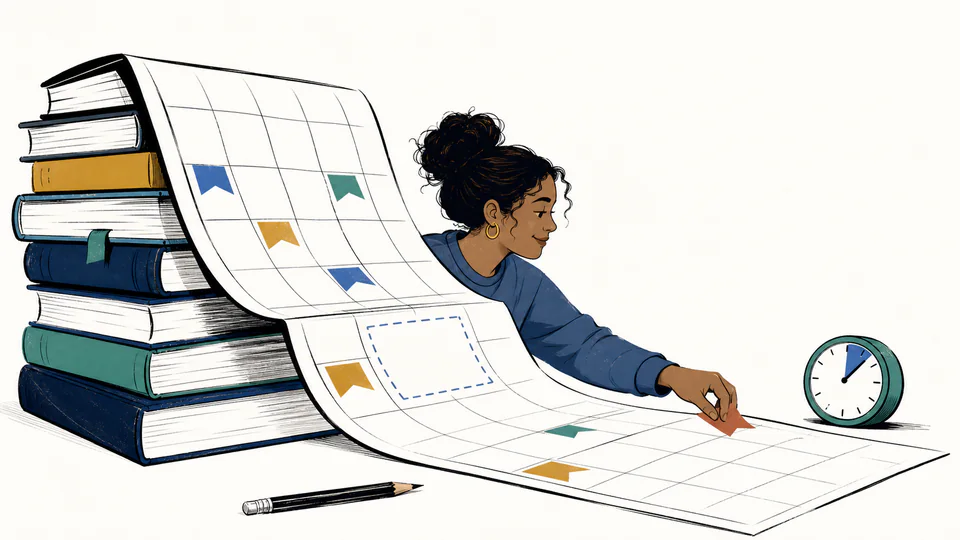 Editorial illustration of a reading calendar unfolding into weekly page milestones beside a finite clock budget.