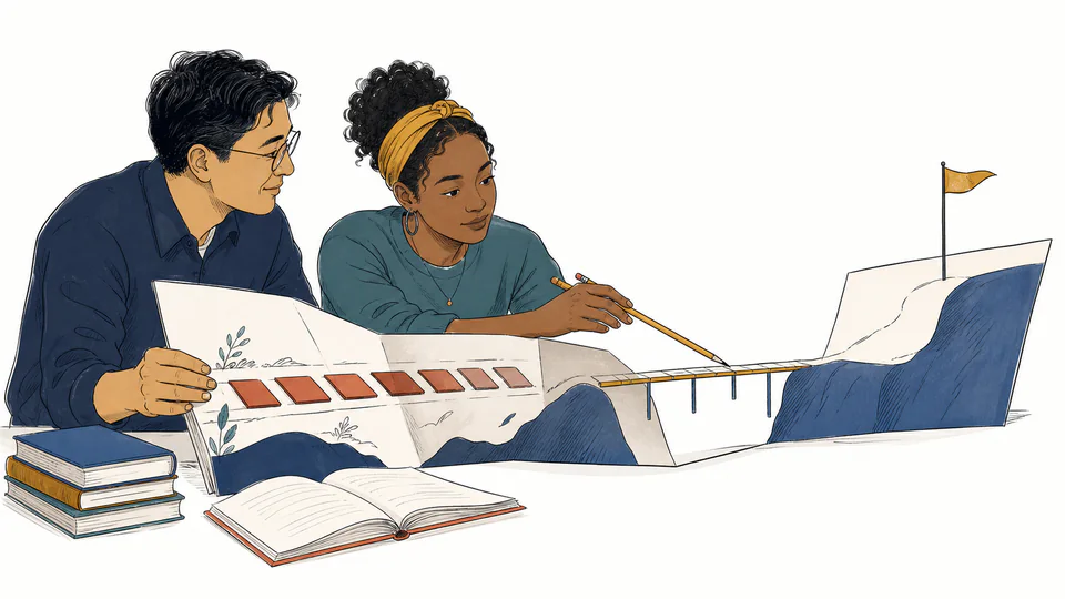 Editorial illustration of a student placing current grade tiles on a track while a future target marker shows the remaining distance.