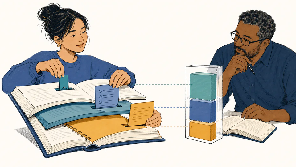 Editorial illustration of pages, a recall card, and a notebook contributing different colored weights to one score dial.
