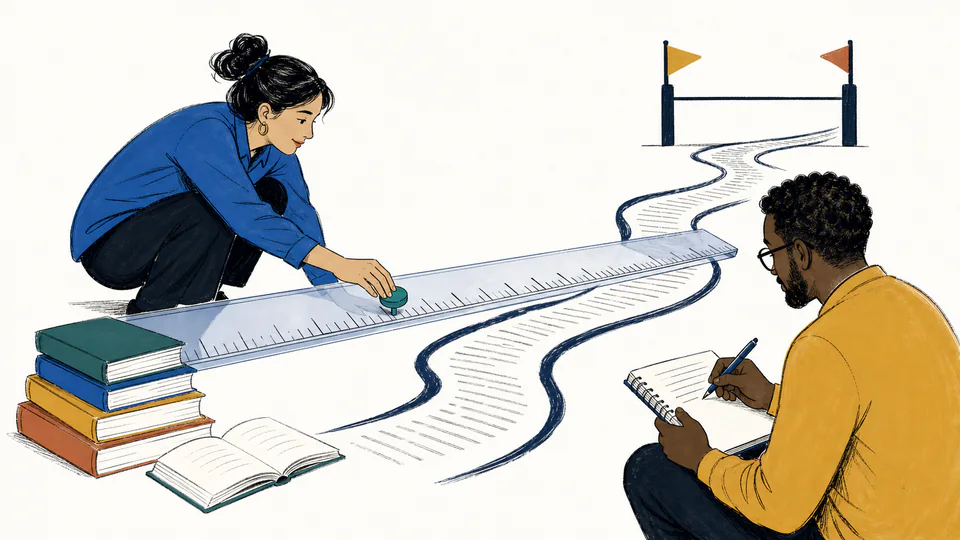 Editorial illustration of a pace marker traveling along a reading route beside a clearly labeled benchmark rail.