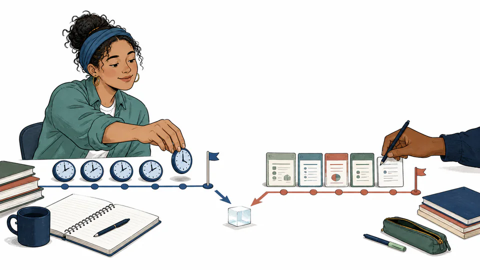Editorial illustration of a student moving clock tokens and chapter cards toward two separate finish lines.
