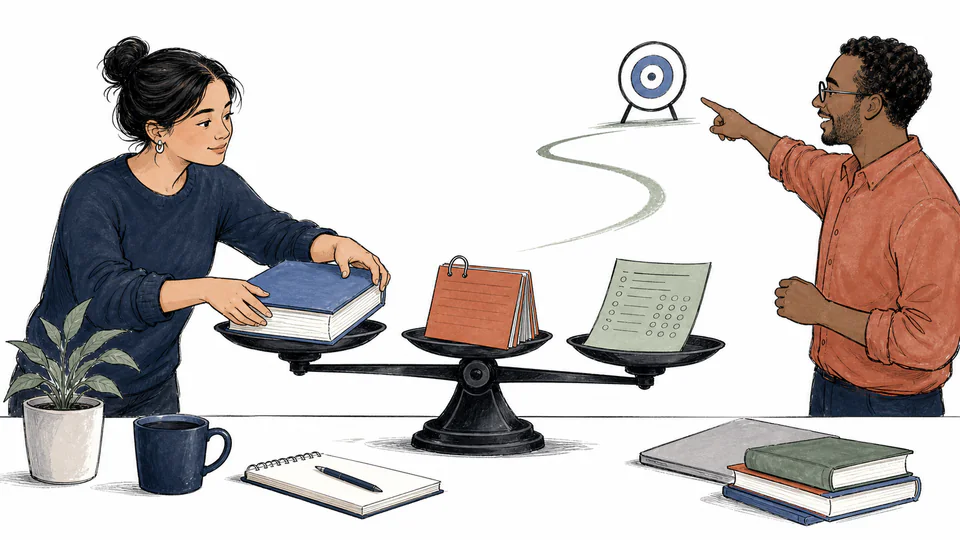 Editorial scene of three study blocks being weighed on a desk scale while a target card remains visible.