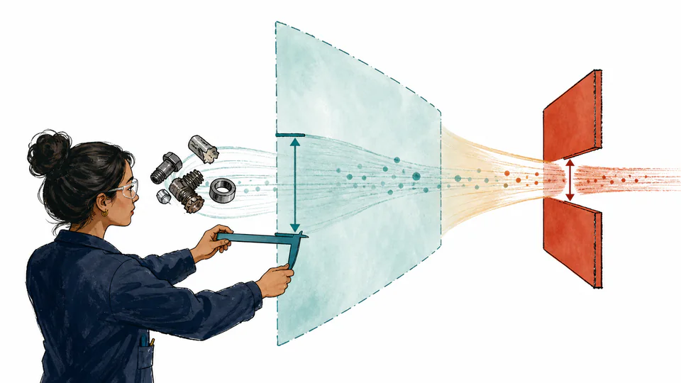 Editorial illustration of observed failures passing through a wide confidence gate before reaching a narrow design limit