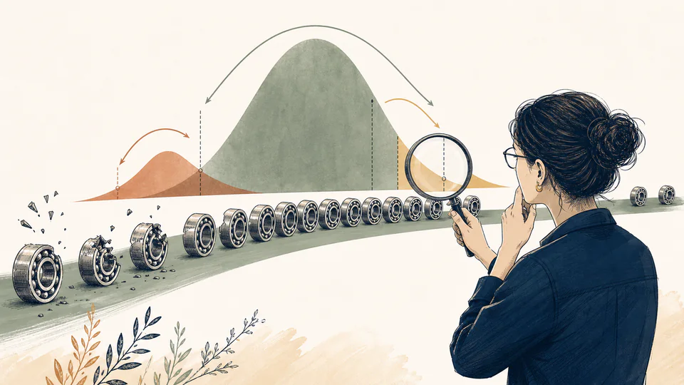 Editorial illustration of identical components placed along a lifetime ribbon with failures clustering differently as age advances