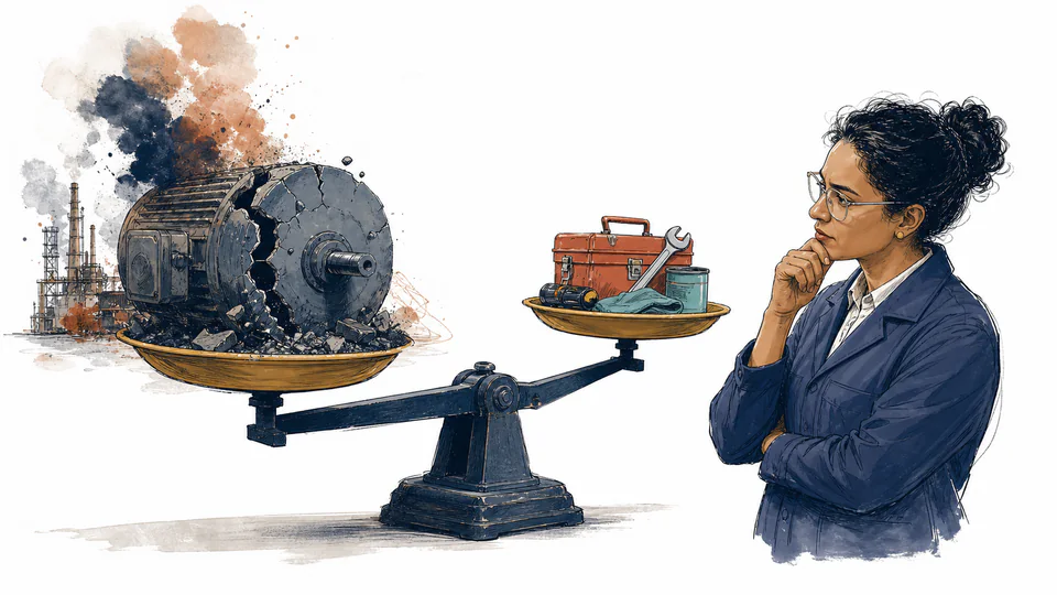 Editorial illustration of a maintenance control cost balancing a much larger uncertain failure consequence
