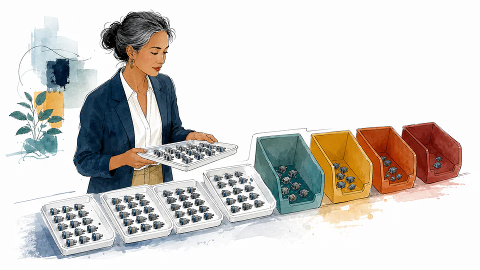 Editorial illustration of component batches sorted into bins labeled by failure count