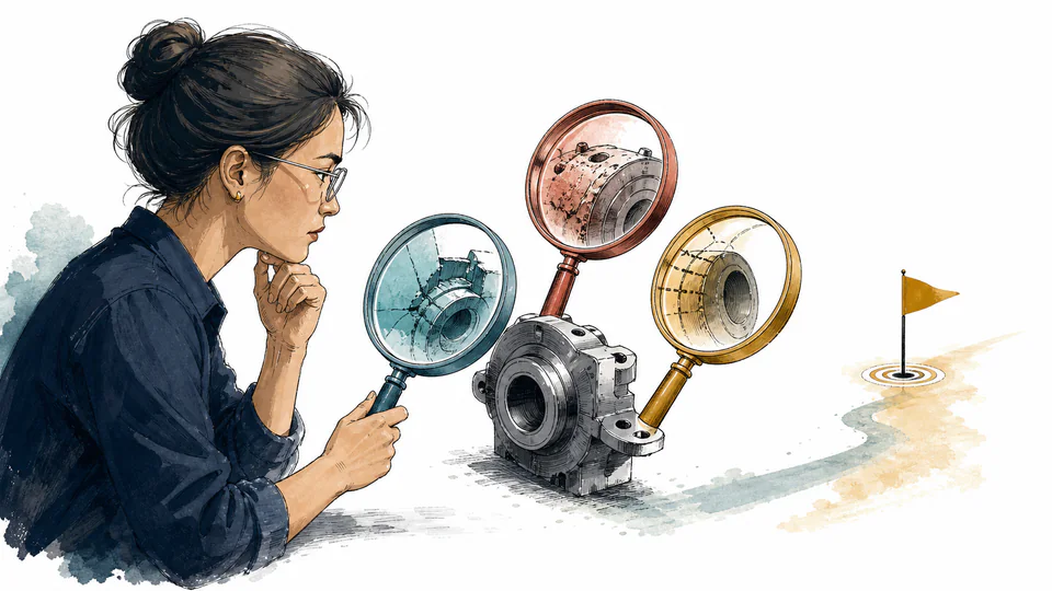 Editorial illustration of an engineer viewing one component through severity occurrence and detection lenses