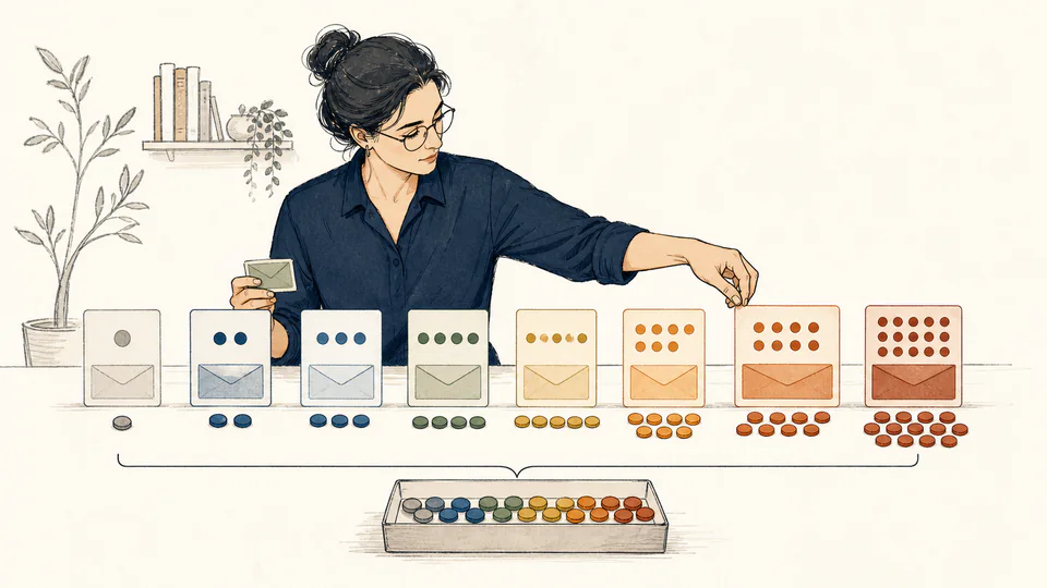 Editorial illustration of numbered balls sorting into separate match-count trays while an analyst checks the complete set