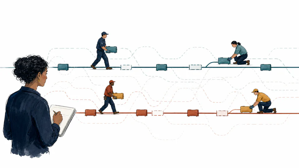 Editorial illustration of repair crews moving components between up and down lanes over a long timeline