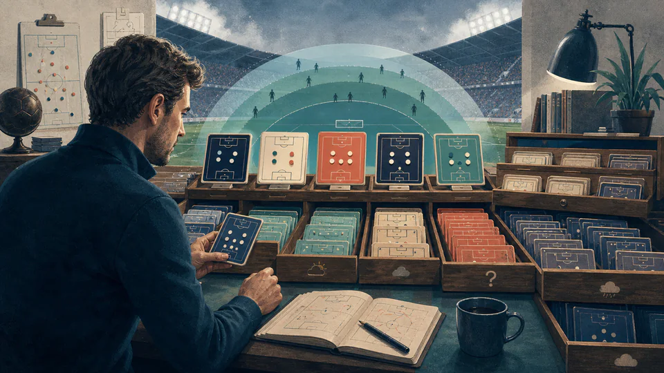 A match analyst sorts many possible football scoreboards into ranked stadium drawers while rare high scores remain at the outer edge