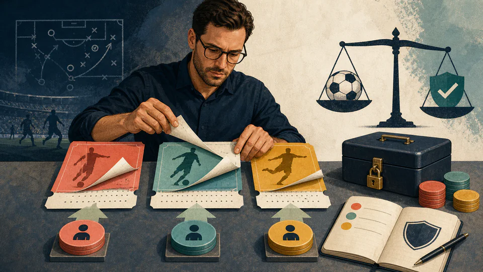 A careful analyst peels bookmaker price tags from three match-outcome tickets to reveal hidden margin and compares them with independent probability weights