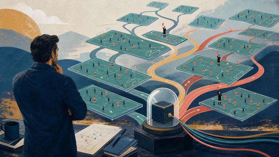 A sports analyst observes many miniature football pitches branching into alternate match paths when a referee event changes play
