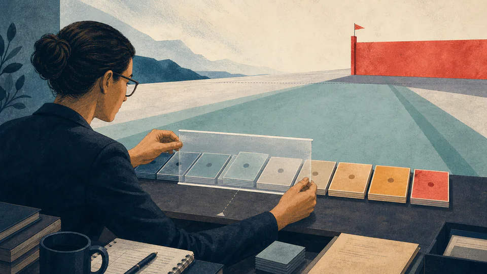 An analyst fits a transparent uncertainty sleeve around a stack of observed portfolio loss cards before comparing it with a red boundary