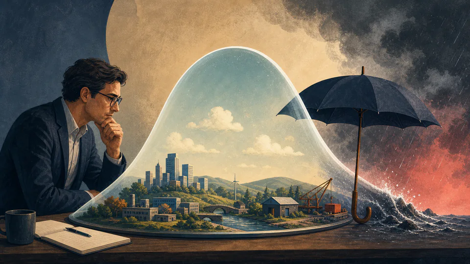 An investment analyst studies a translucent weather canopy over a portfolio, with a heavier tail spilling beyond an umbrella