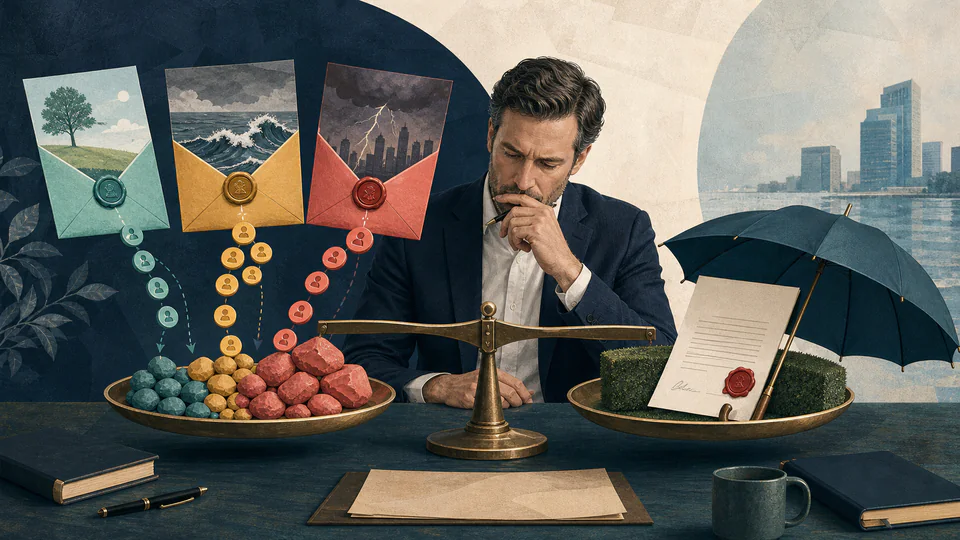 A portfolio manager weighs three differently sized scenario envelopes against the cost of a protective umbrella