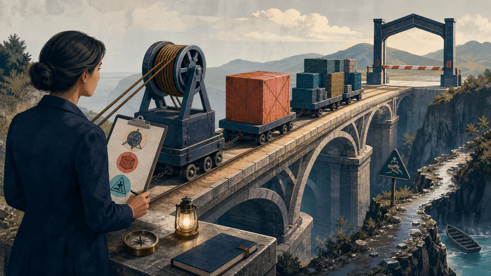 A portfolio cargo convoy crosses a bridge while an analyst checks leverage, concentration, and liquidity hazards against a load limit