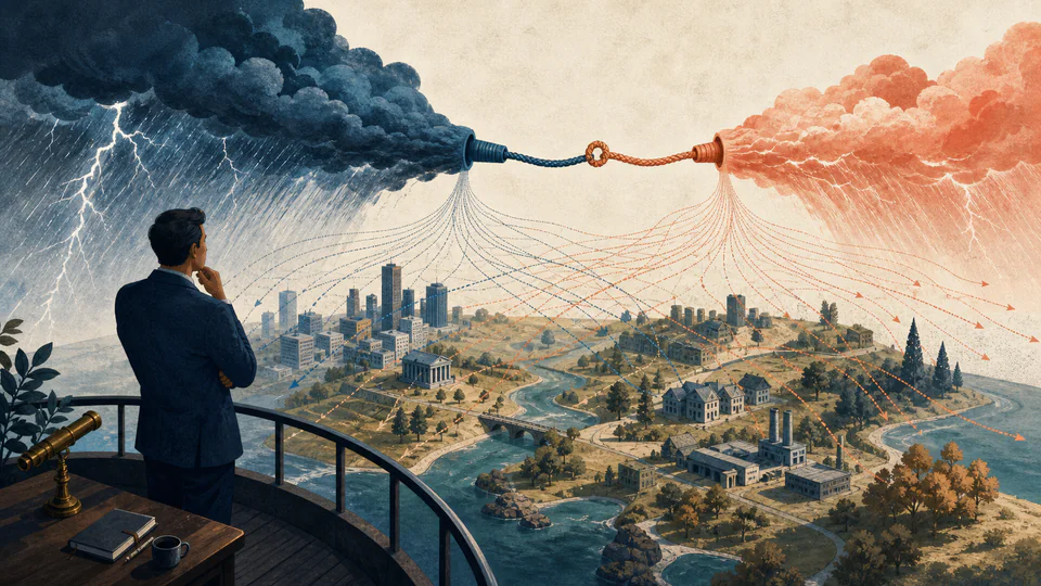 An analyst watches two connected market weather streams send many possible paths across a portfolio landscape