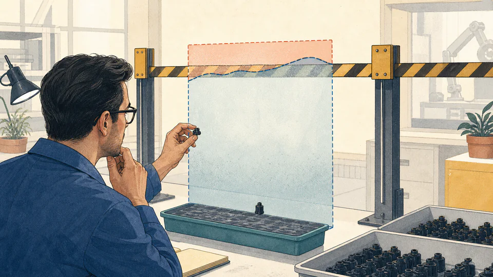 Quality engineer placing an observed defect sample inside exact lower and upper confidence boundaries beside an acceptance target