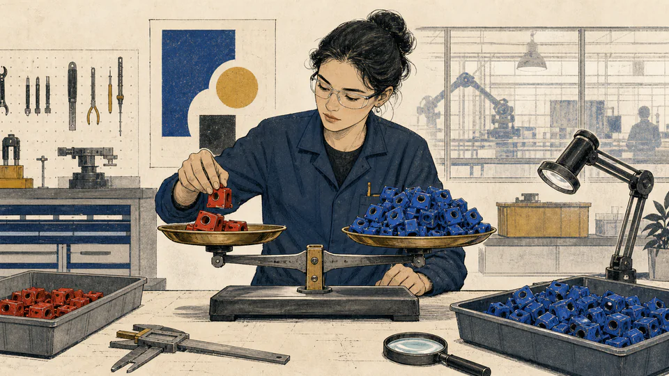 Quality engineer sorting red defective parts and blue conforming parts into an odds balance on an inspection bench