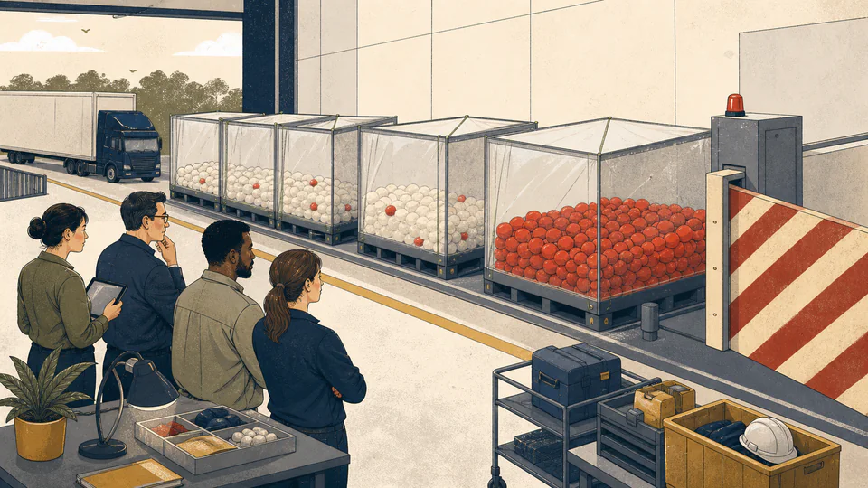 Quality risk team watching defect tokens accumulate toward a red lot rejection gate across planned shipments