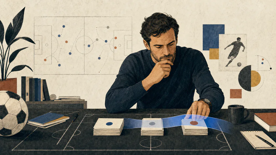 Football analyst comparing a stack of win draw and loss match cards under a confidence band on a tactical desk