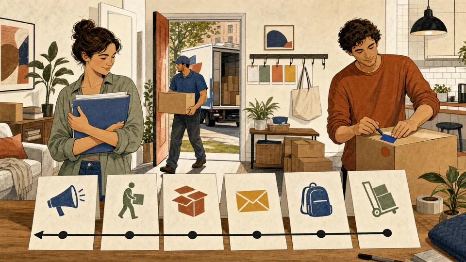 Couple and mover arranging lease notice packing mail forwarding and move-day cards along a backward calendar