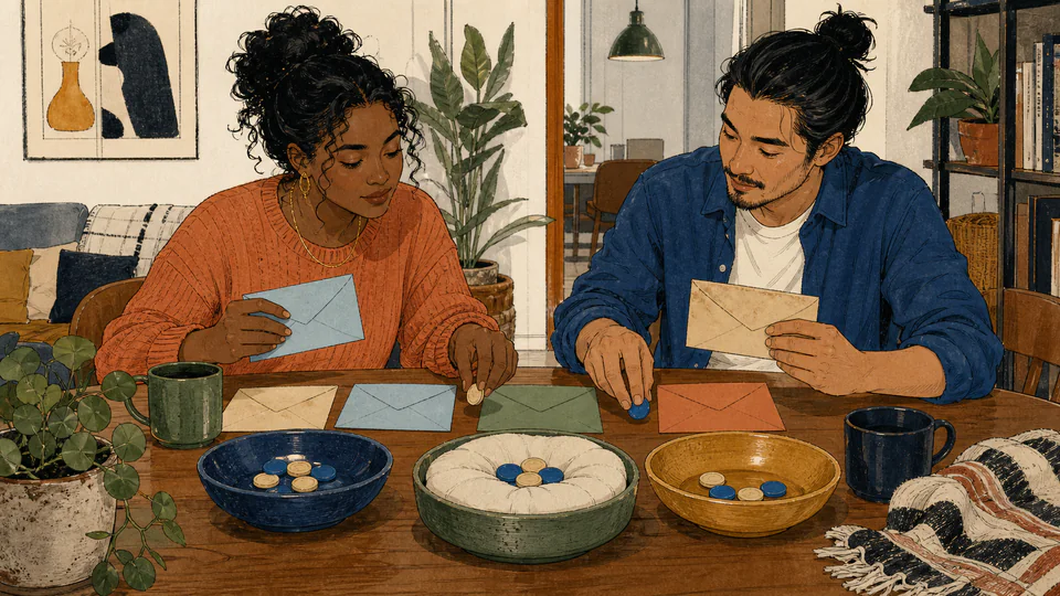 Two roommates reviewing rent utility grocery and reserve cards around a shared monthly budget table