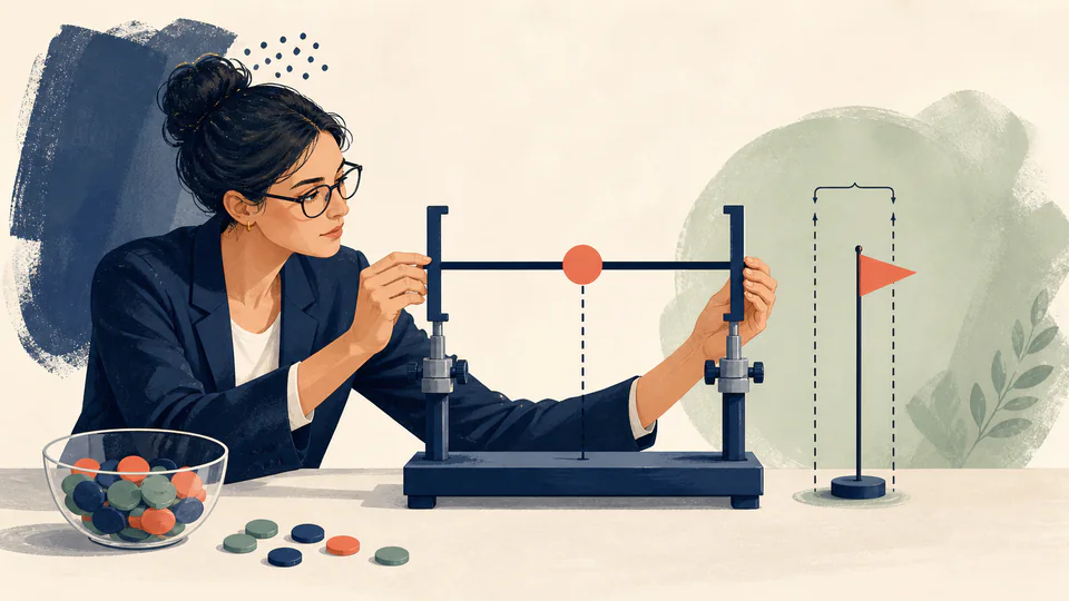 Research analyst holding an observed-rate marker inside a measured confidence bracket beside a target flag