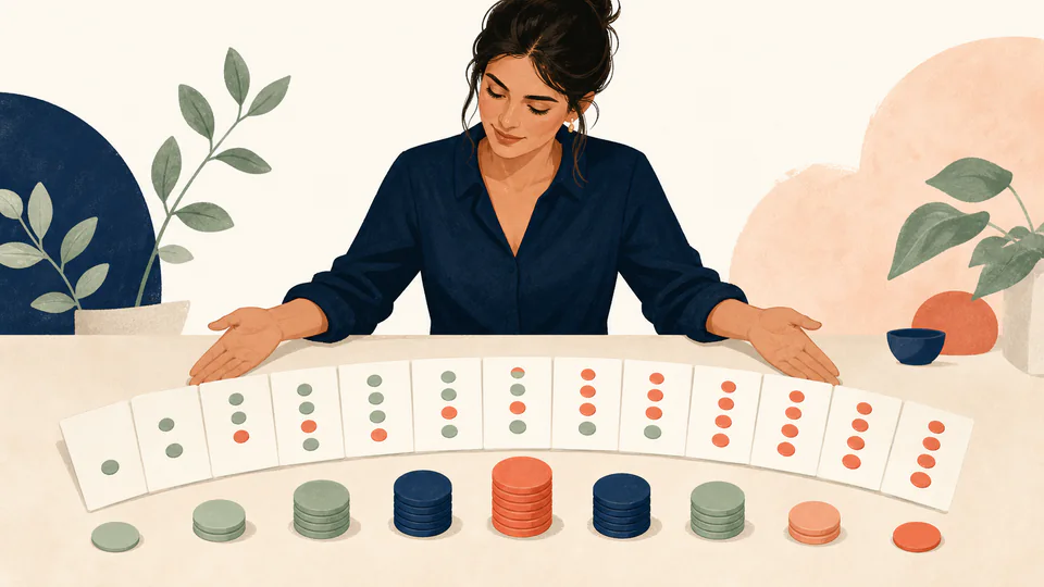 Analyst arranging a fan of success-count cards into a complete probability spectrum