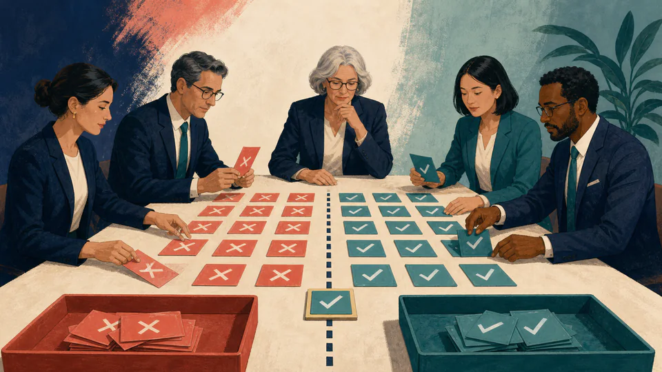 Review committee sorting all possible result cards across a clear acceptance threshold into two payoff trays