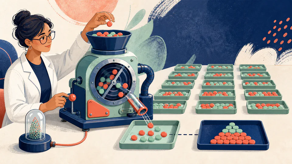 Data scientist releasing identical colored tokens through a probability machine while recording seed and run count