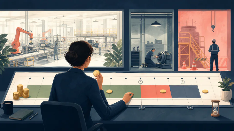 Operations planner comparing a lit production window with a repair window on a long calendar