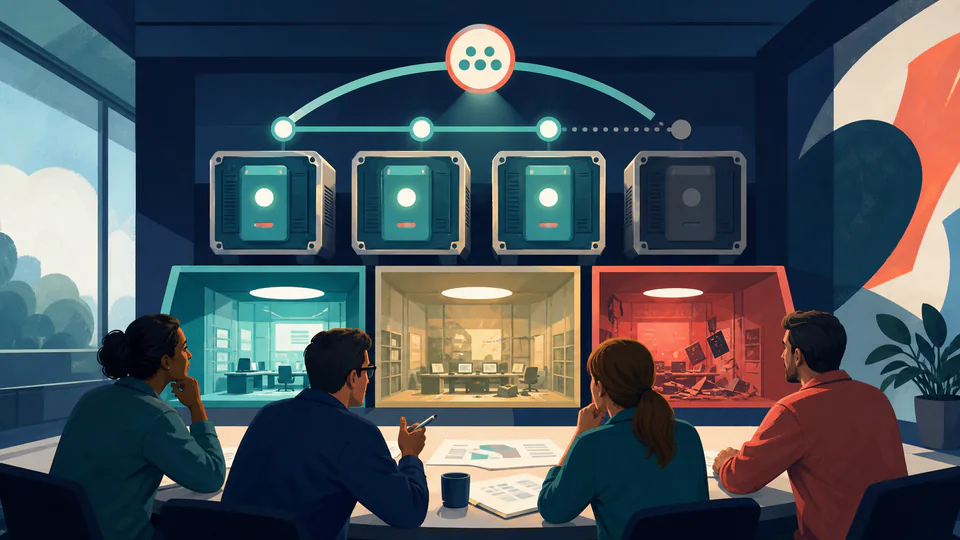 Control-room team studying four modular service units with one dimmed and a three-unit quorum line
