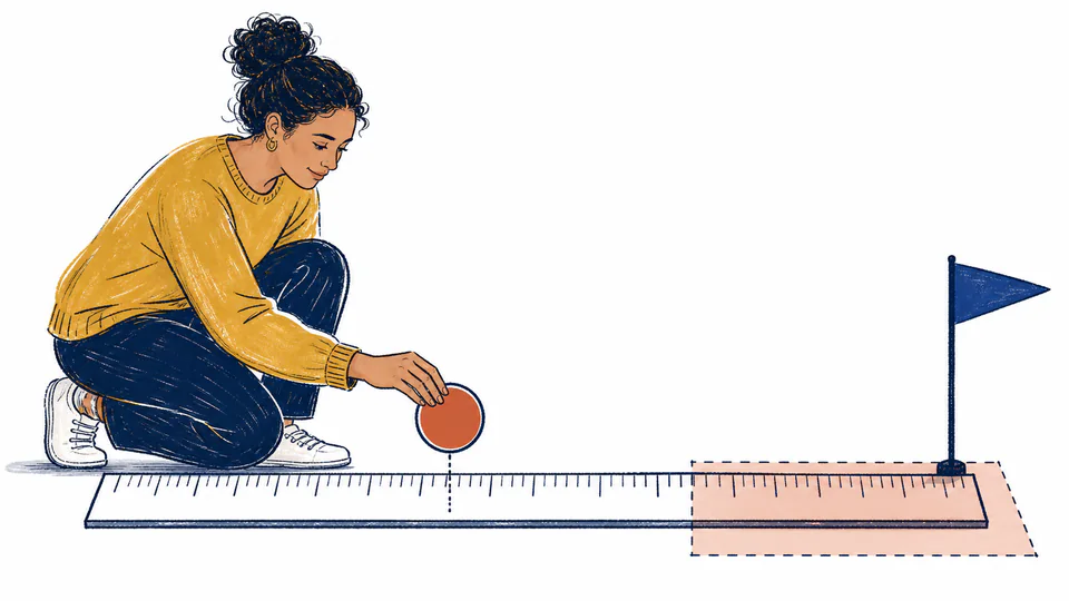 A student places a score token on a ruler beside a benchmark flag and a shaded review zone.