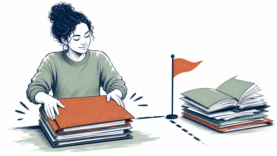 A student closes completed assignment folders while an open stack remains beside a threshold marker.