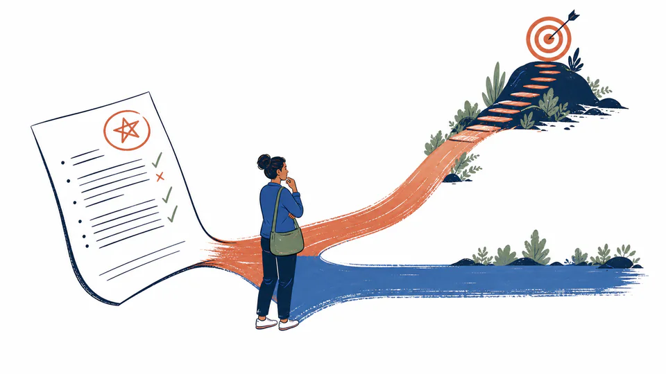 A student chooses between two assignment score paths that meet a clearly marked course target.